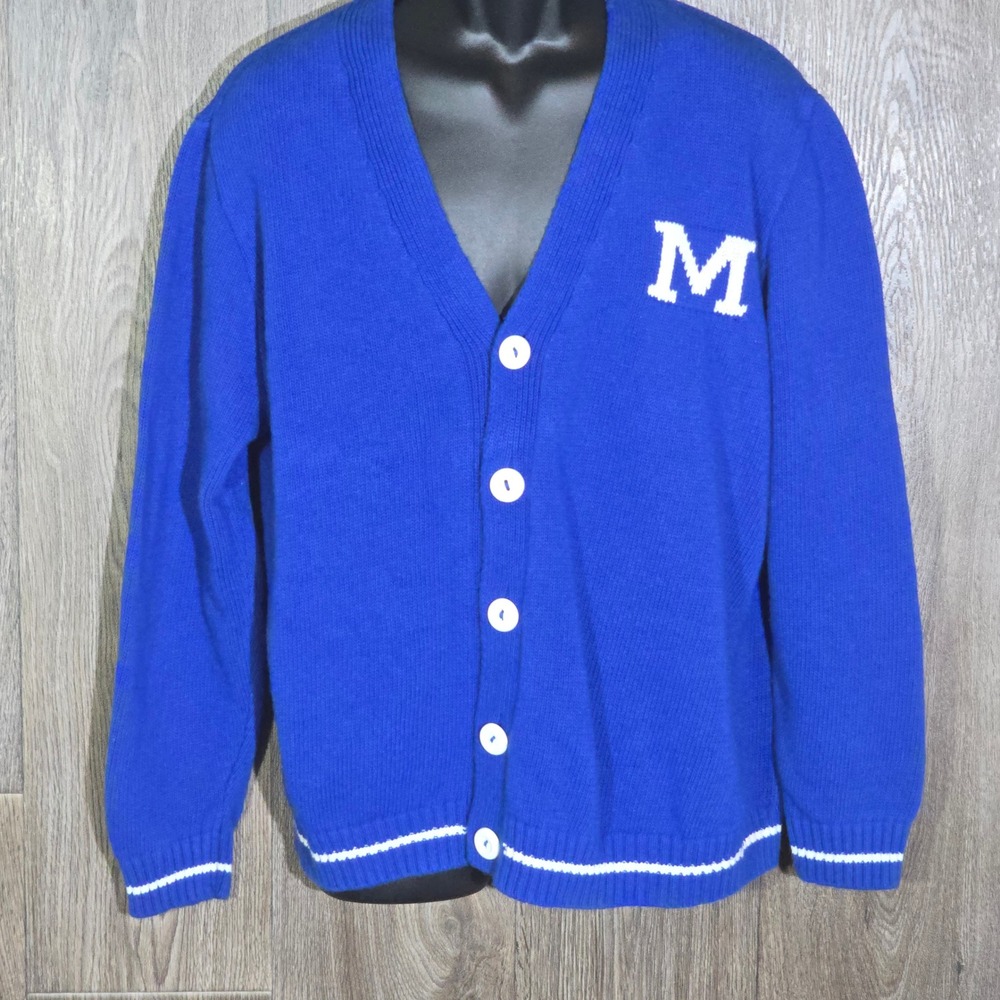 BoohooMAN Varsity Letterman Cardigan Size M Blue Mens V-Neck Knit Sweater